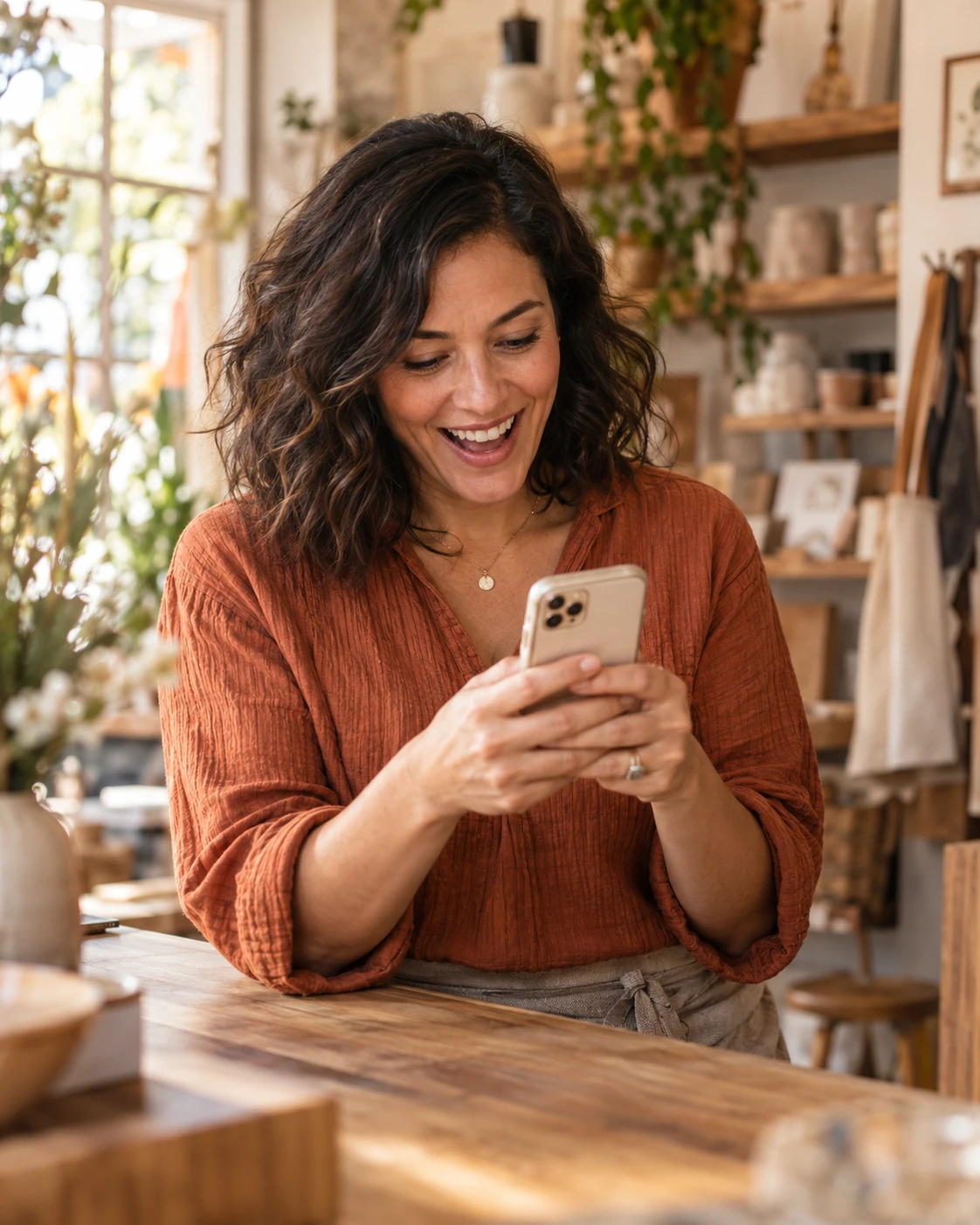 A business owner looking at her phone with delighted surprise