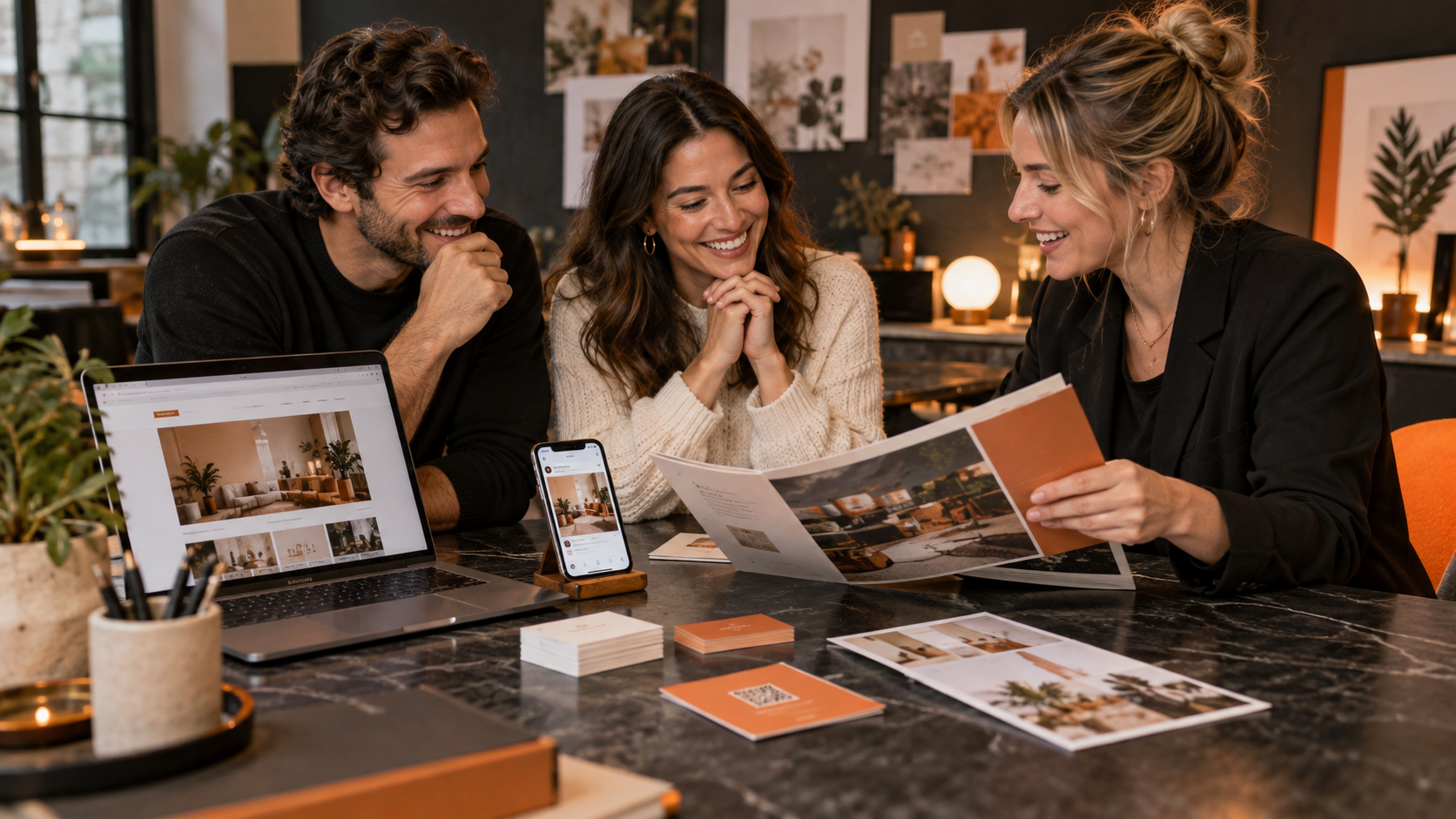 Business owners working with a Bruno concierge team on finished business materials