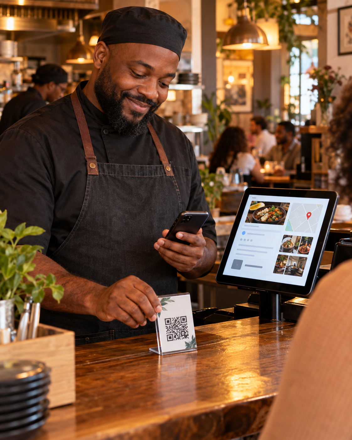 A restaurant owner using Bruno to update a listing and place a QR card at the counter