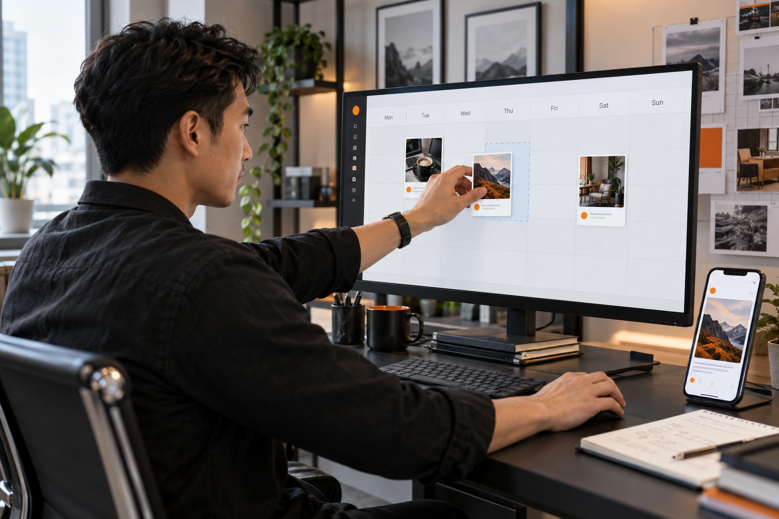 A business owner planning social media content on a large calendar screen