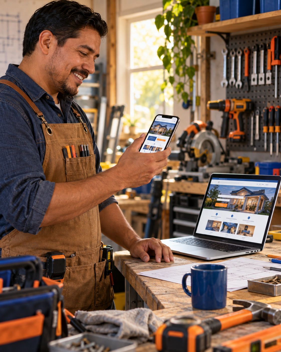 A contractor using Bruno to review his new business website on a phone and laptop
