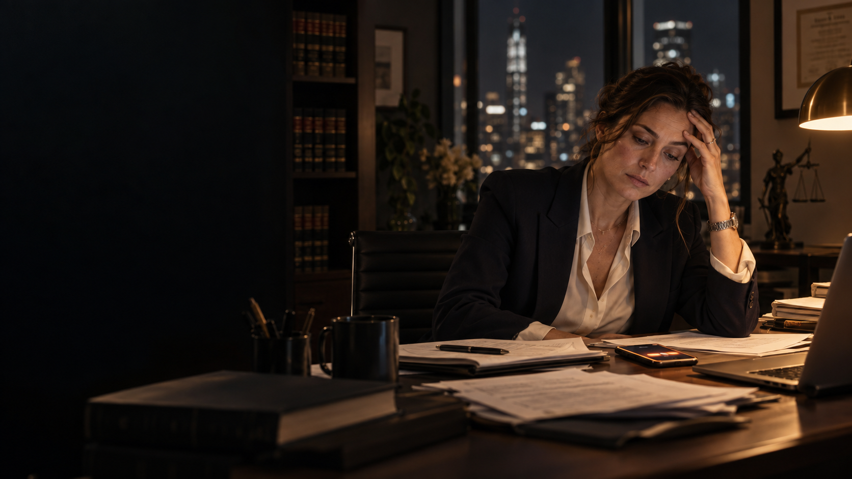 Overworked lawyer looking at a buzzing phone late at night