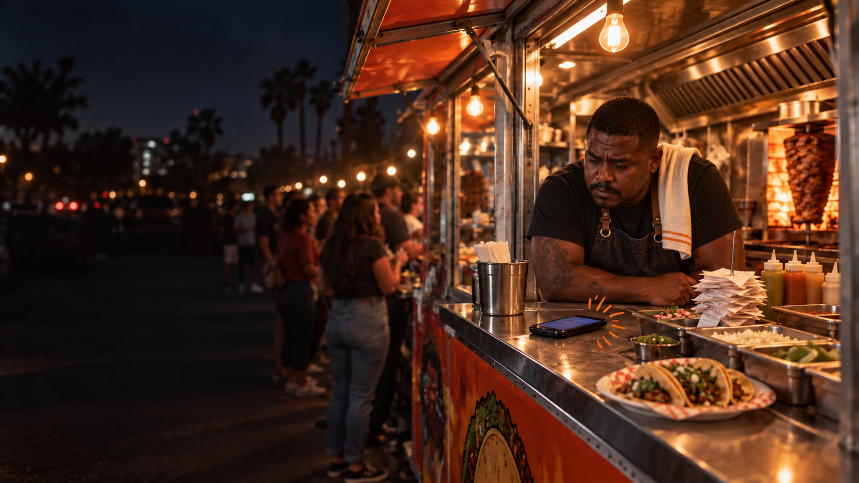 Taco truck owner looking at a buzzing phone during a busy shift