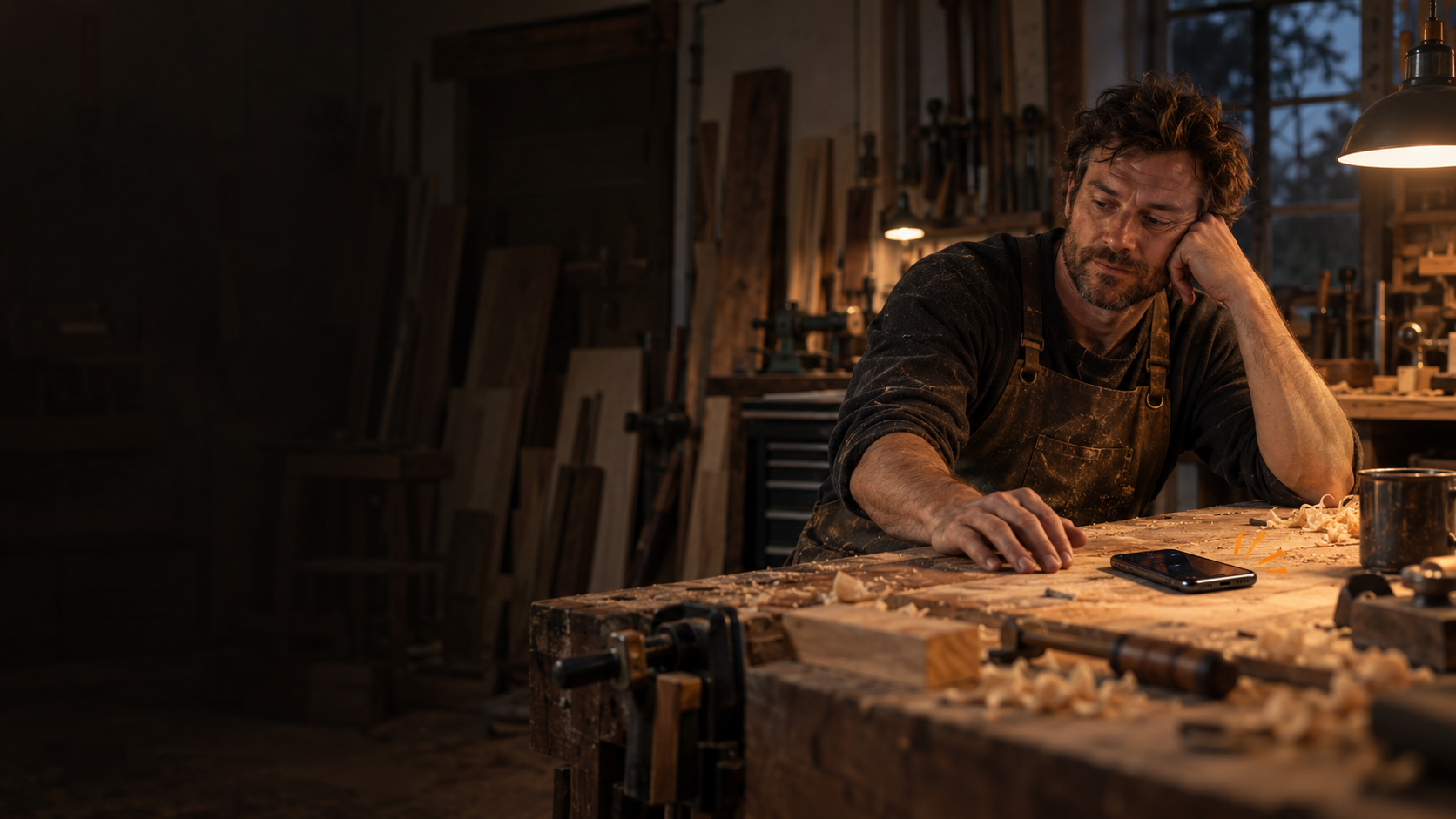 Woodshop worker looking at a buzzing phone on his workbench