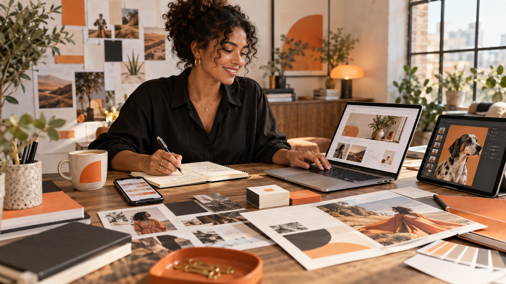 A business owner reviewing website designs, business cards, presentation slides, images and social content at one worktable