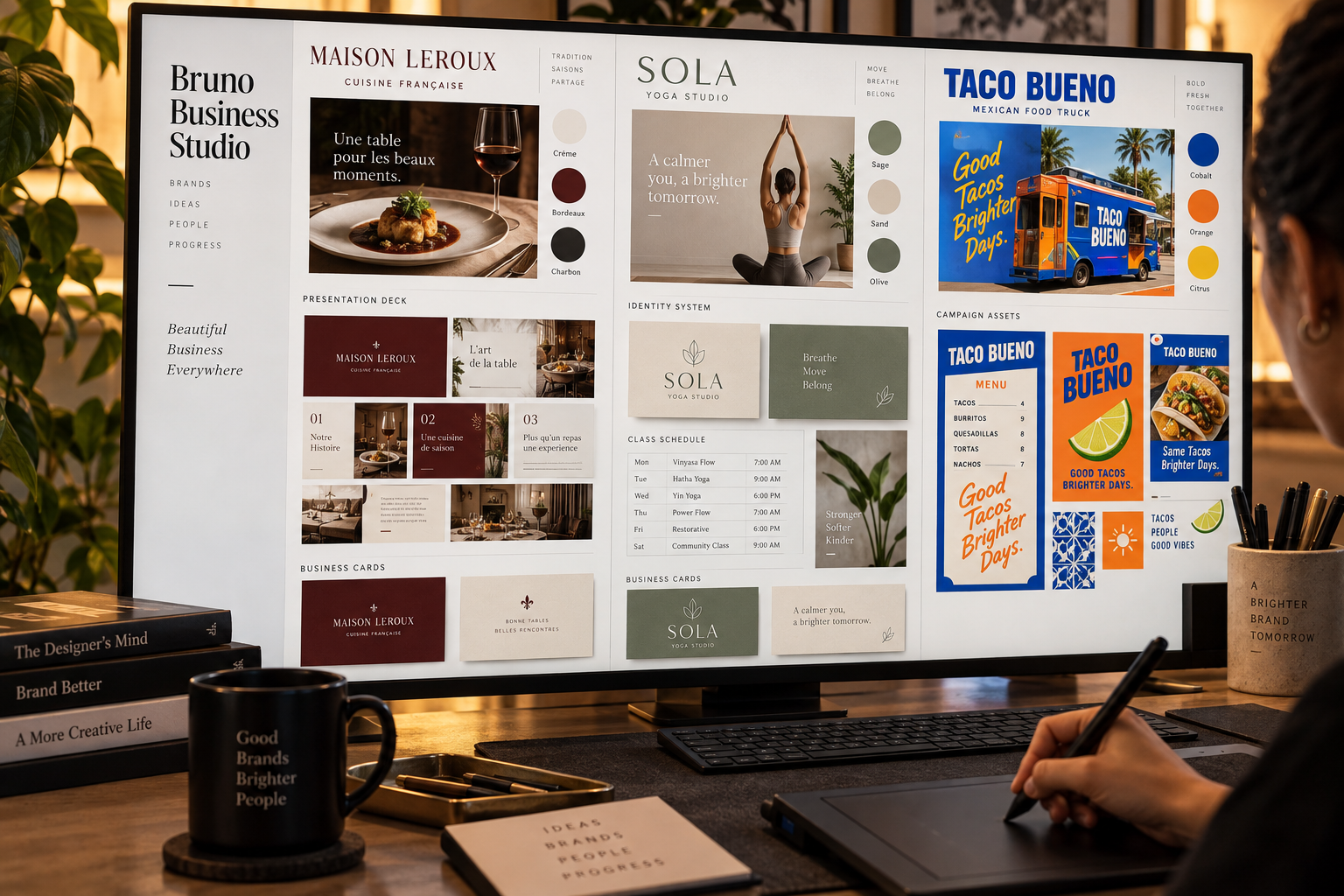 Digital artboards showing business cards, presentation deck slides, a French restaurant menu, yoga materials and Mexican food-truck assets