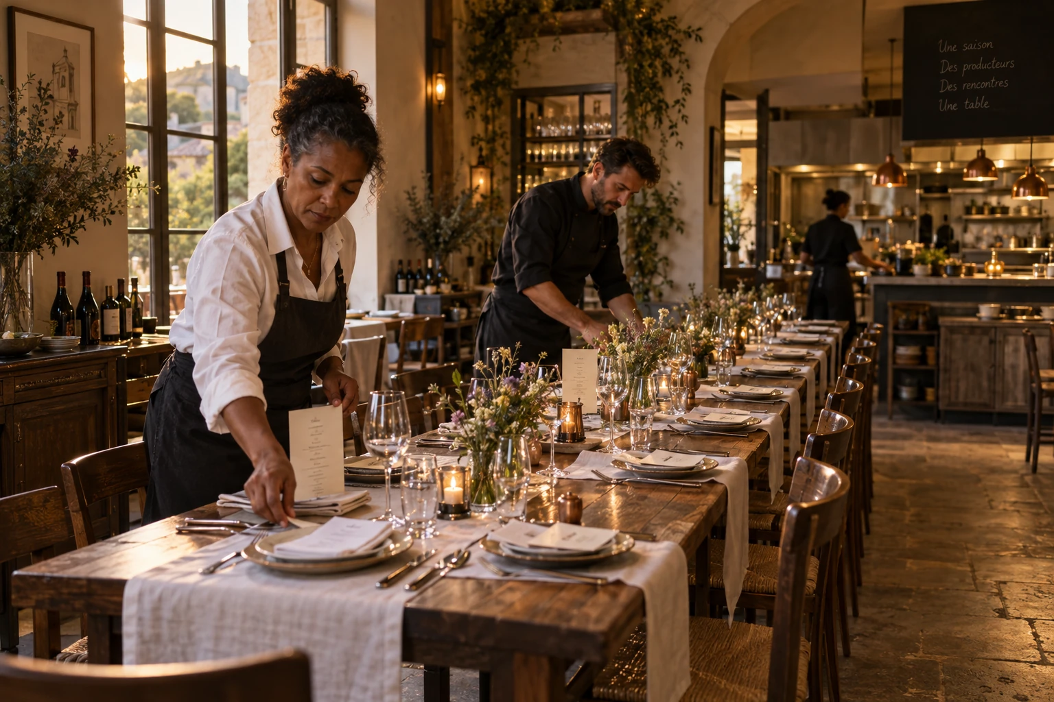 A restaurant owner and chef preparing a table for an intimate tasting dinner