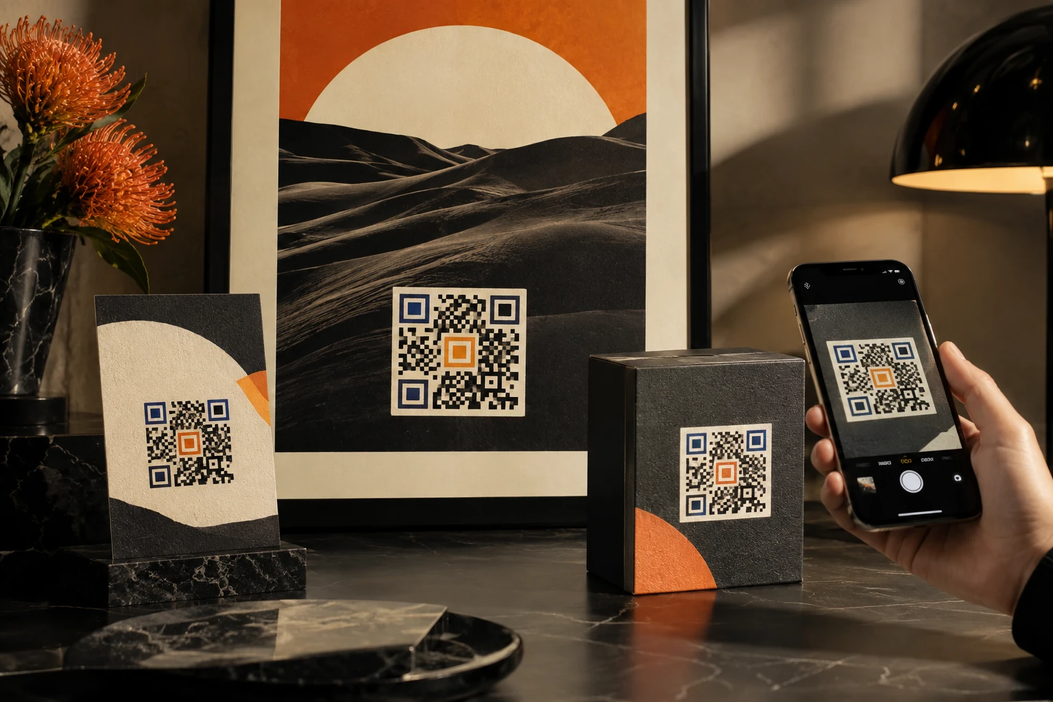 A customer scanning a QR code on coordinated business materials