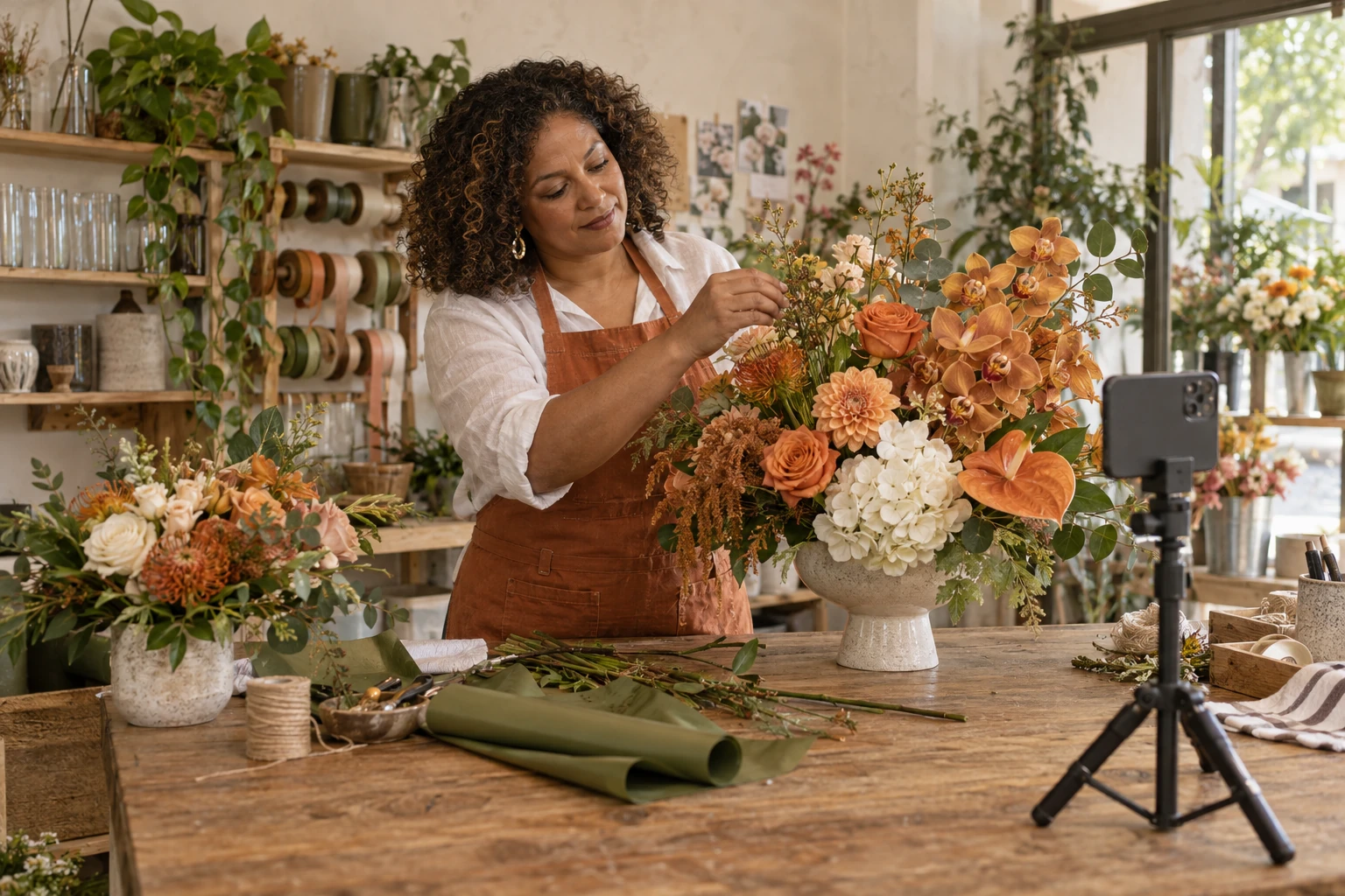 A florist arranging a business campaign photograph with a phone on a tripod