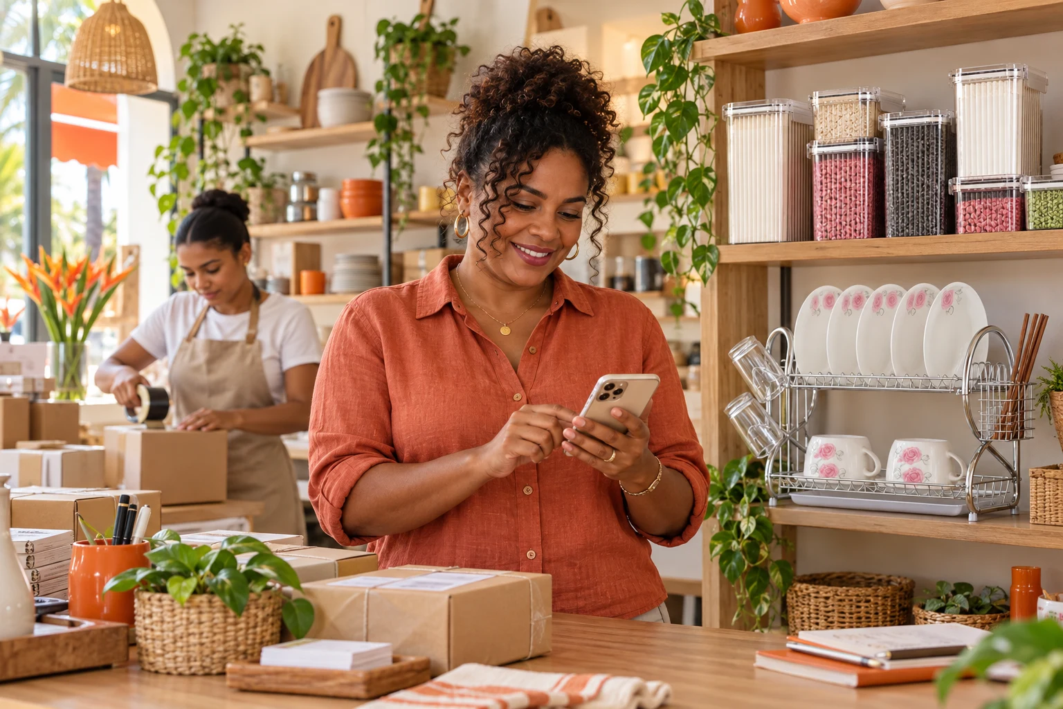 A business owner handling a customer sale while her colleague prepares products for delivery