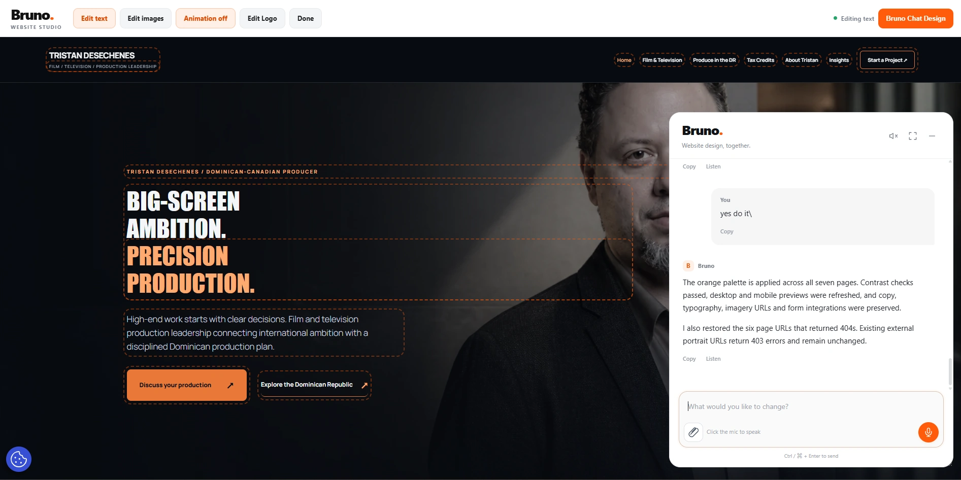 iAmBruno™ Chat Designer open alongside Tristan’s WordPress website, with a conversation and edit controls