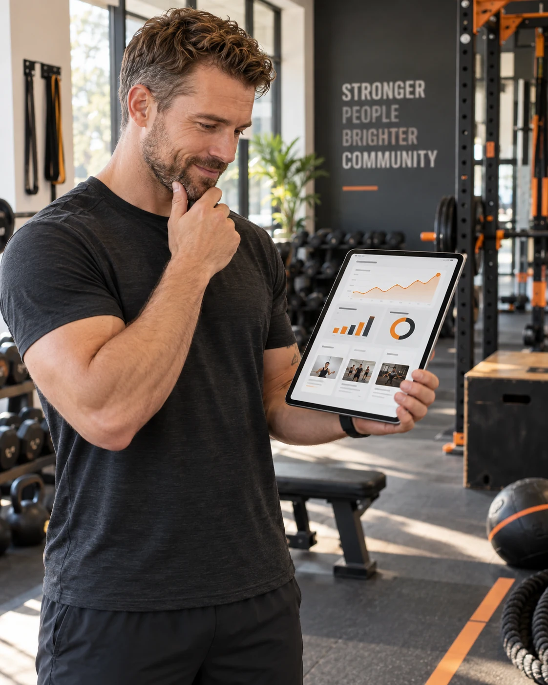 A fitness studio owner using iAmBruno™ Growth Tools to review leads and campaign results