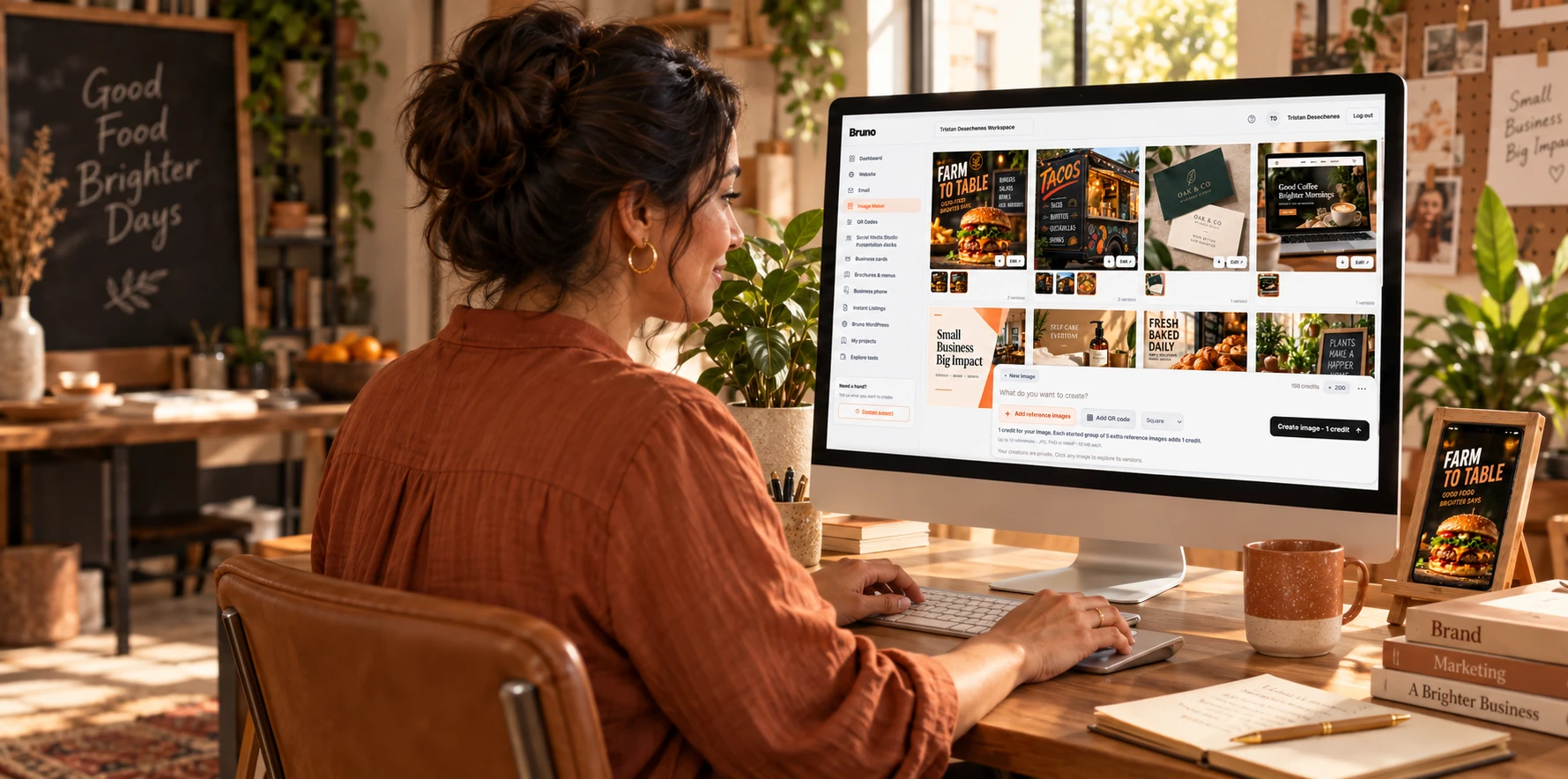 A small-business owner using the actual iAmBruno™ Image Maker dashboard on a large screen to create business visuals