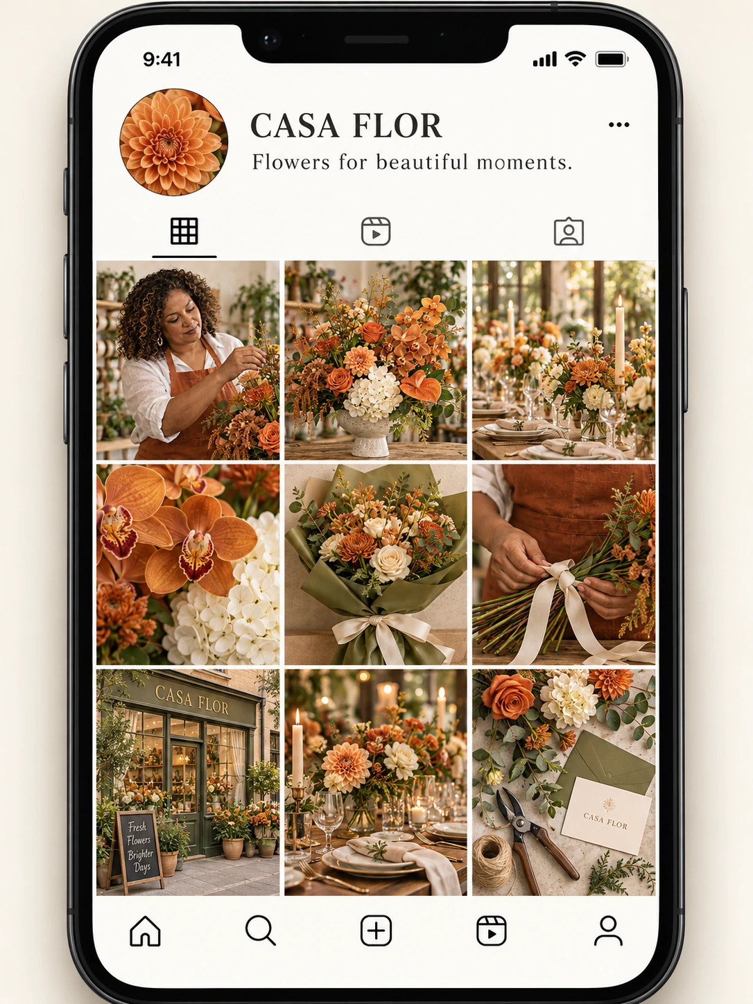 An example florist social feed with coordinated orange and cream business images