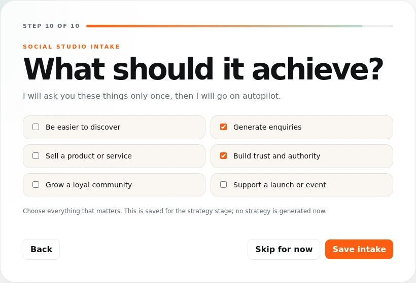 Actual iAmBruno™ intake screen: Give every post a purpose.
