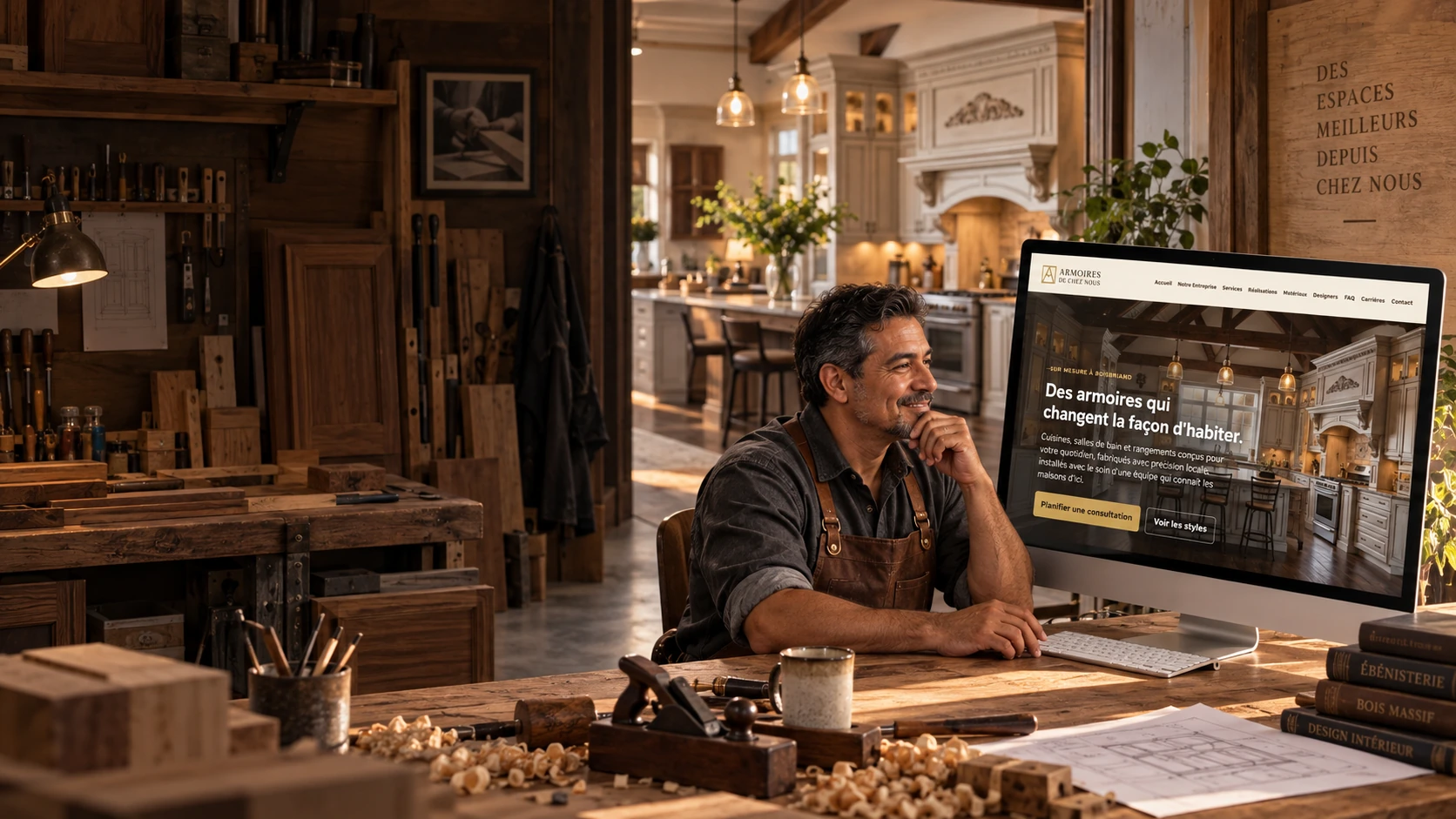 A cabinetmaker admiring a beautifully designed website in his workshop