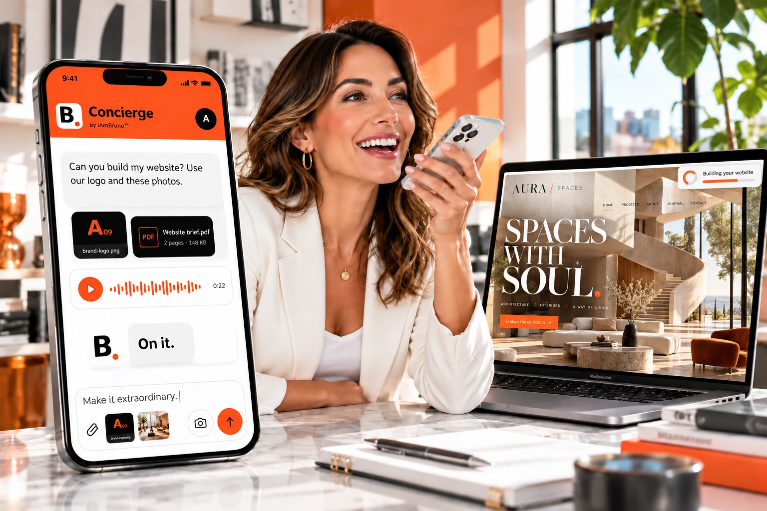 Happy customer speaking to iAmBruno Concierge, with text and voice chat and a website taking shape