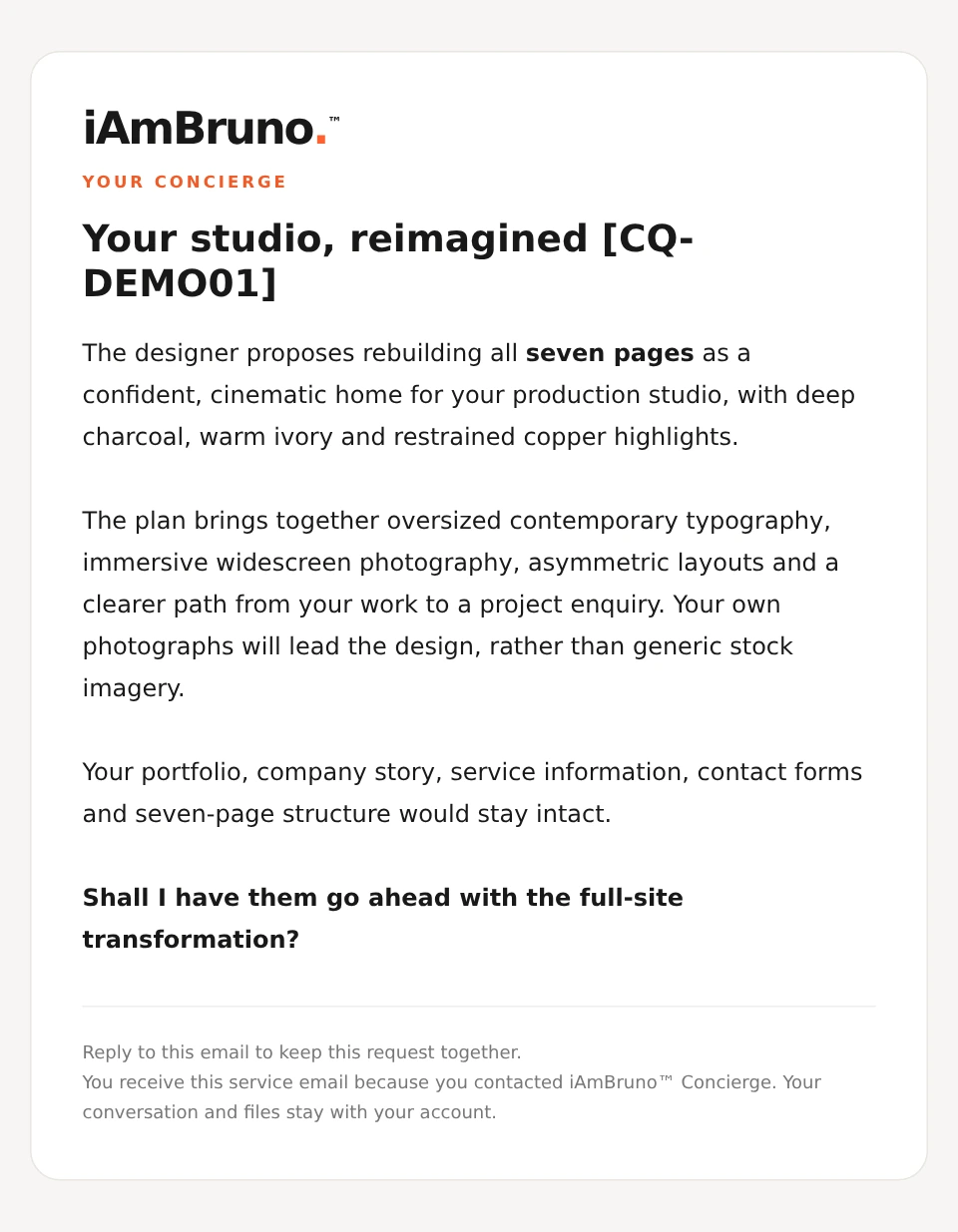 Actual branded Concierge email format with fictional website direction