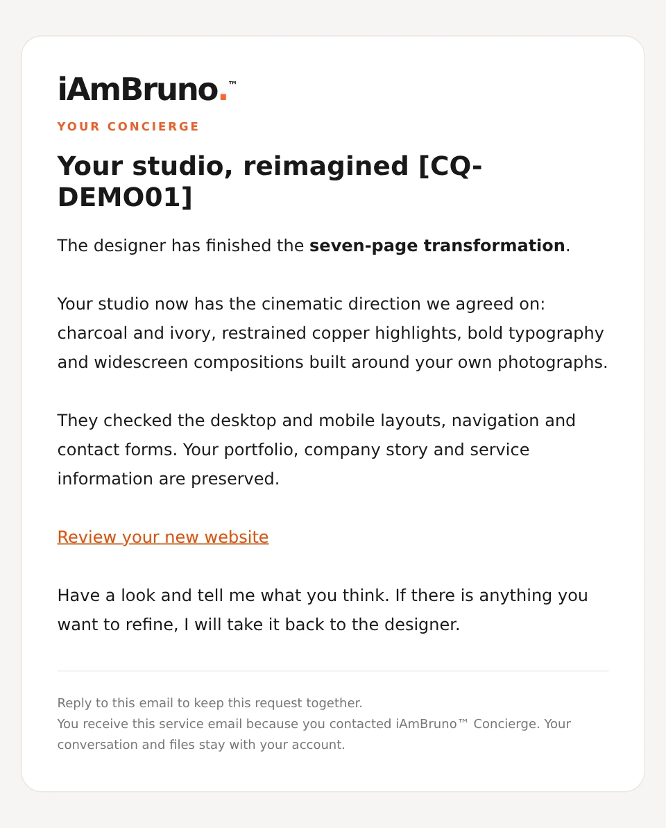 Actual branded Concierge email format with fictional delivery message