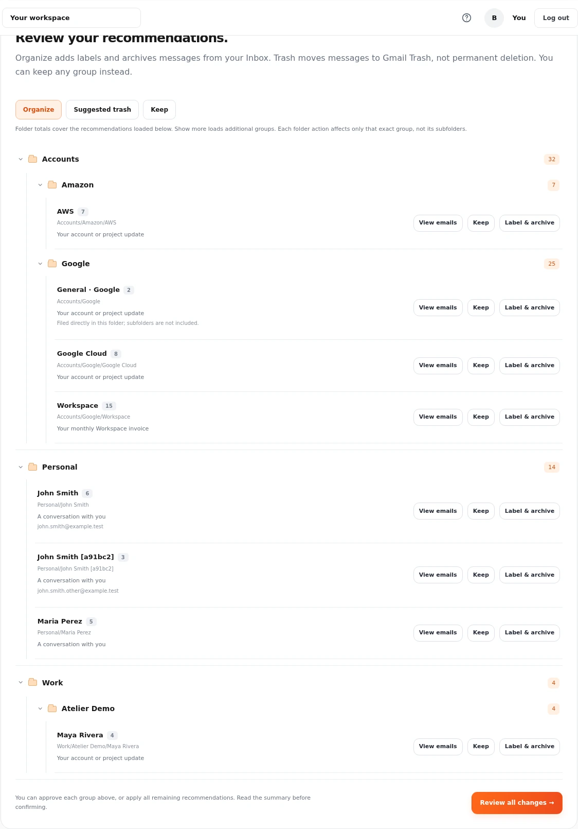 Actual review controls with fictional sample messages