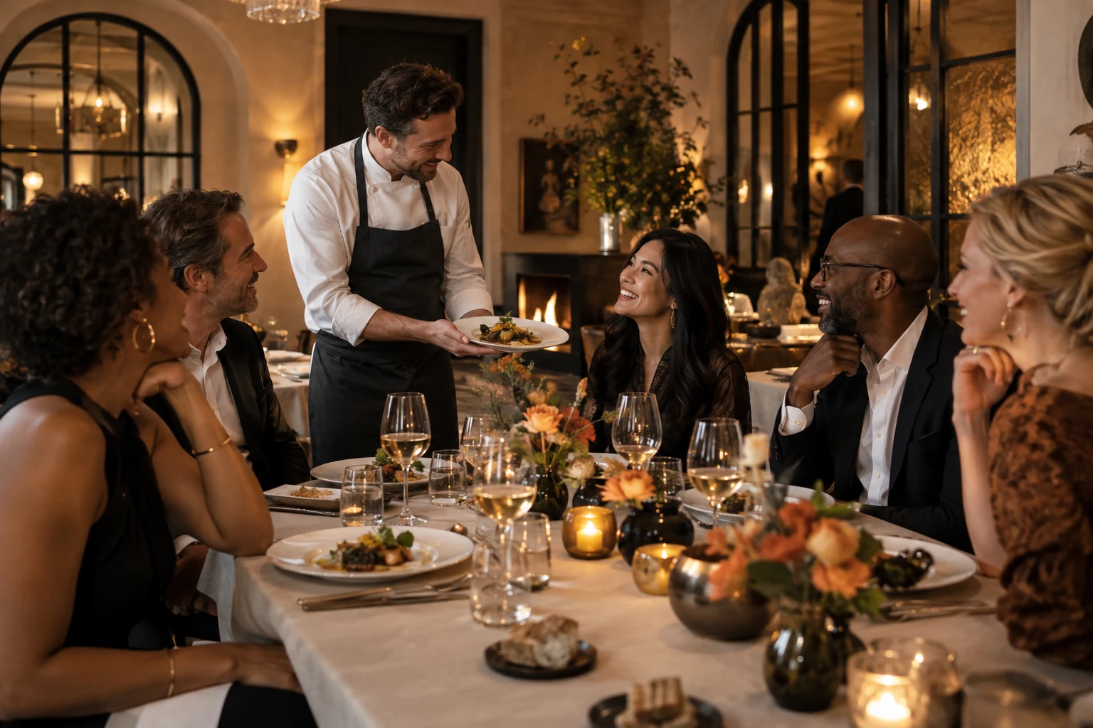 A restaurant owner and chef preparing a table for an intimate tasting dinner