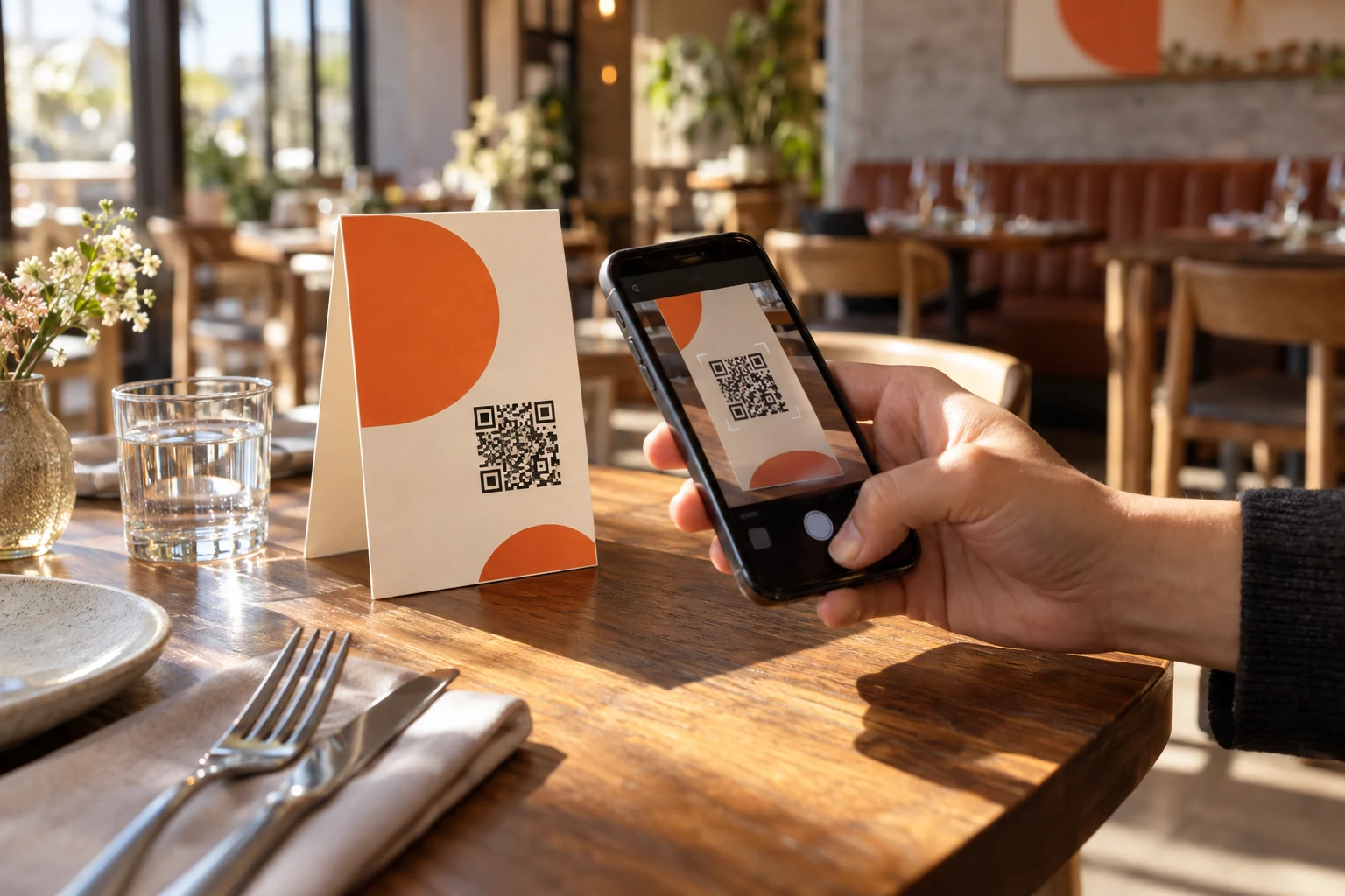 A customer scanning a QR code on coordinated business materials