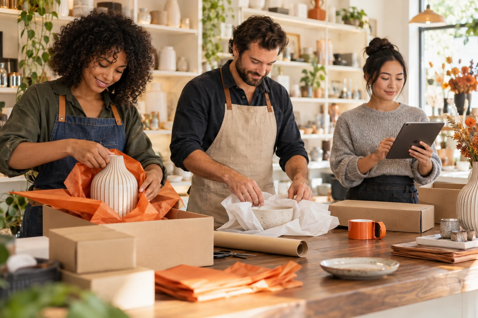 A small retail team preparing customer orders