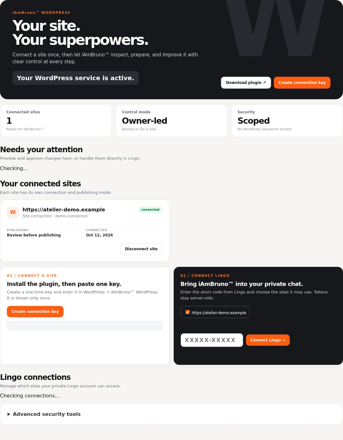 Connected to your WordPress. Controlled by you.