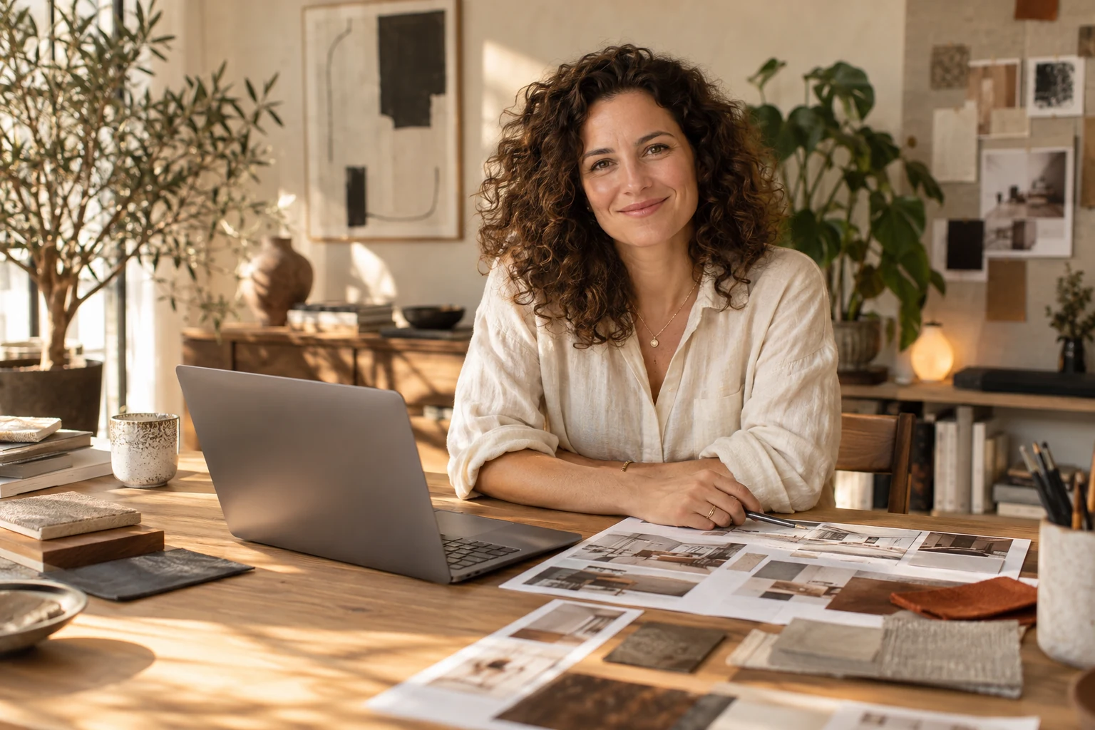 A welcoming creative professional in a warm design studio
